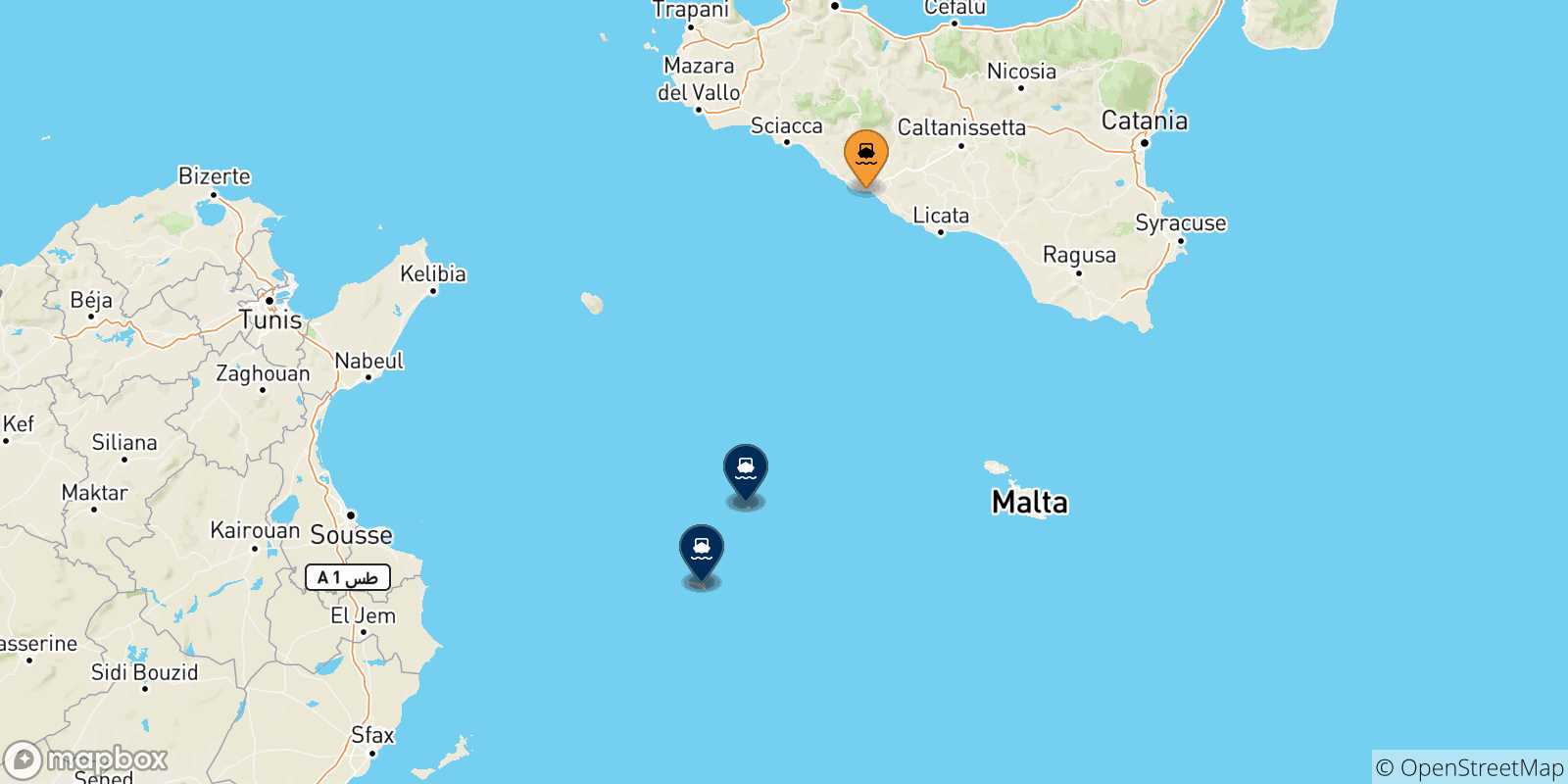 Mapa de los puertos conectados con  Islas Pelagie