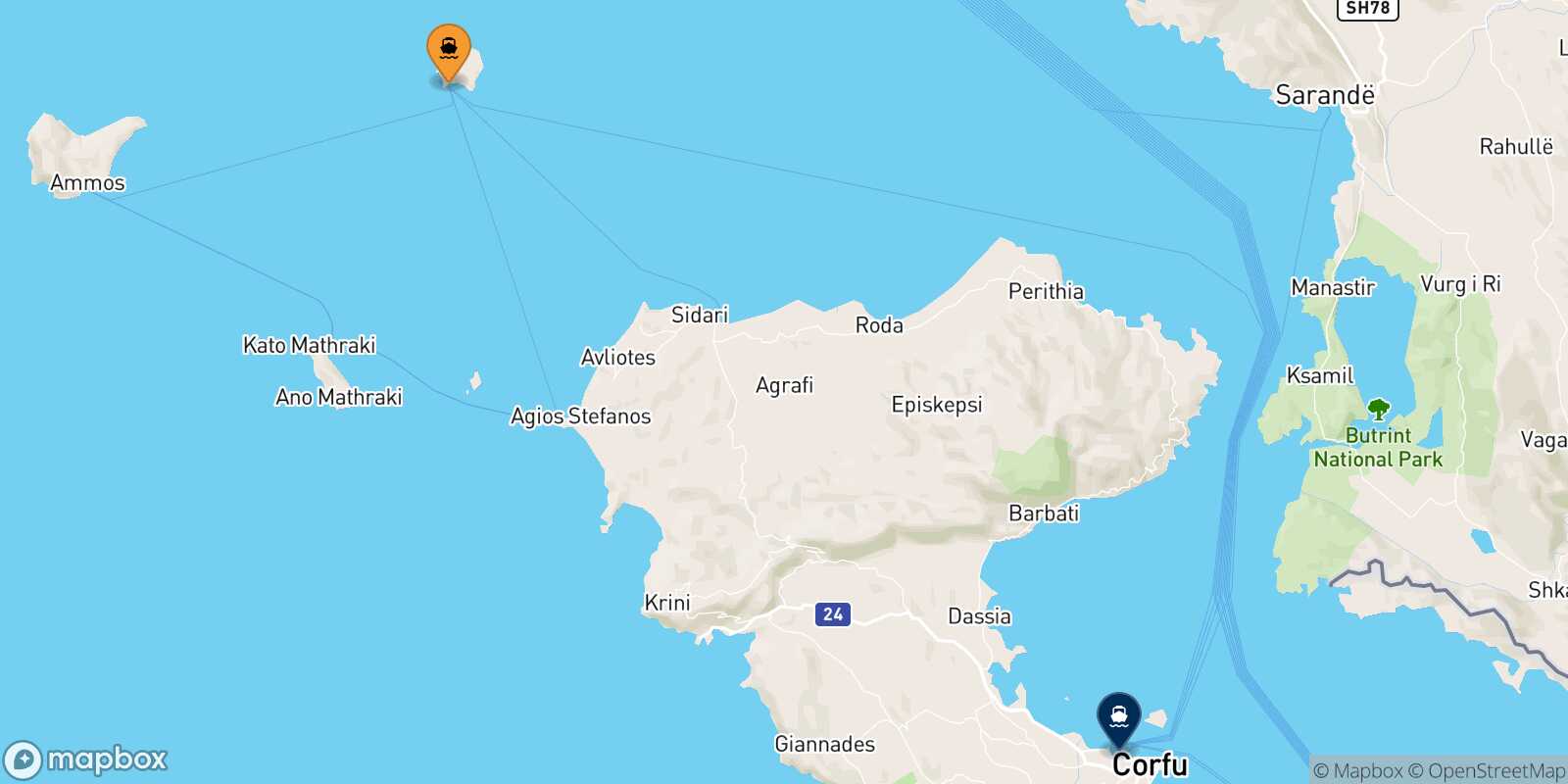 Mapa de la ruta Erikusa Corfu
