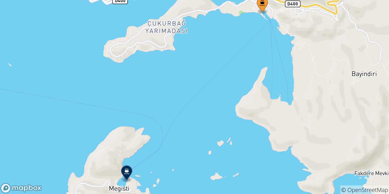 Mapa de las posibles rutas entre Turquía y  Kastelorizo