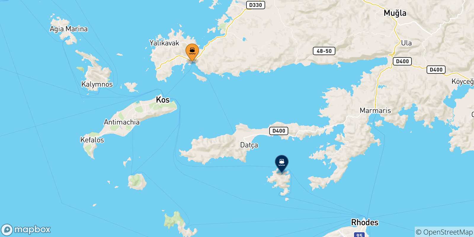 Mapa de las posibles rutas entre Turquía y  Symi