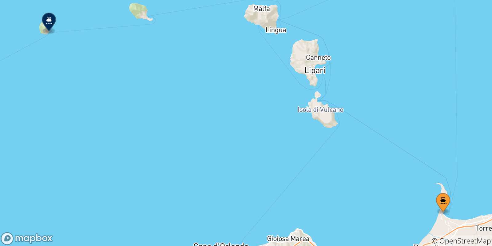 Mapa de las posibles rutas entre Sicilia y  Alicudi
