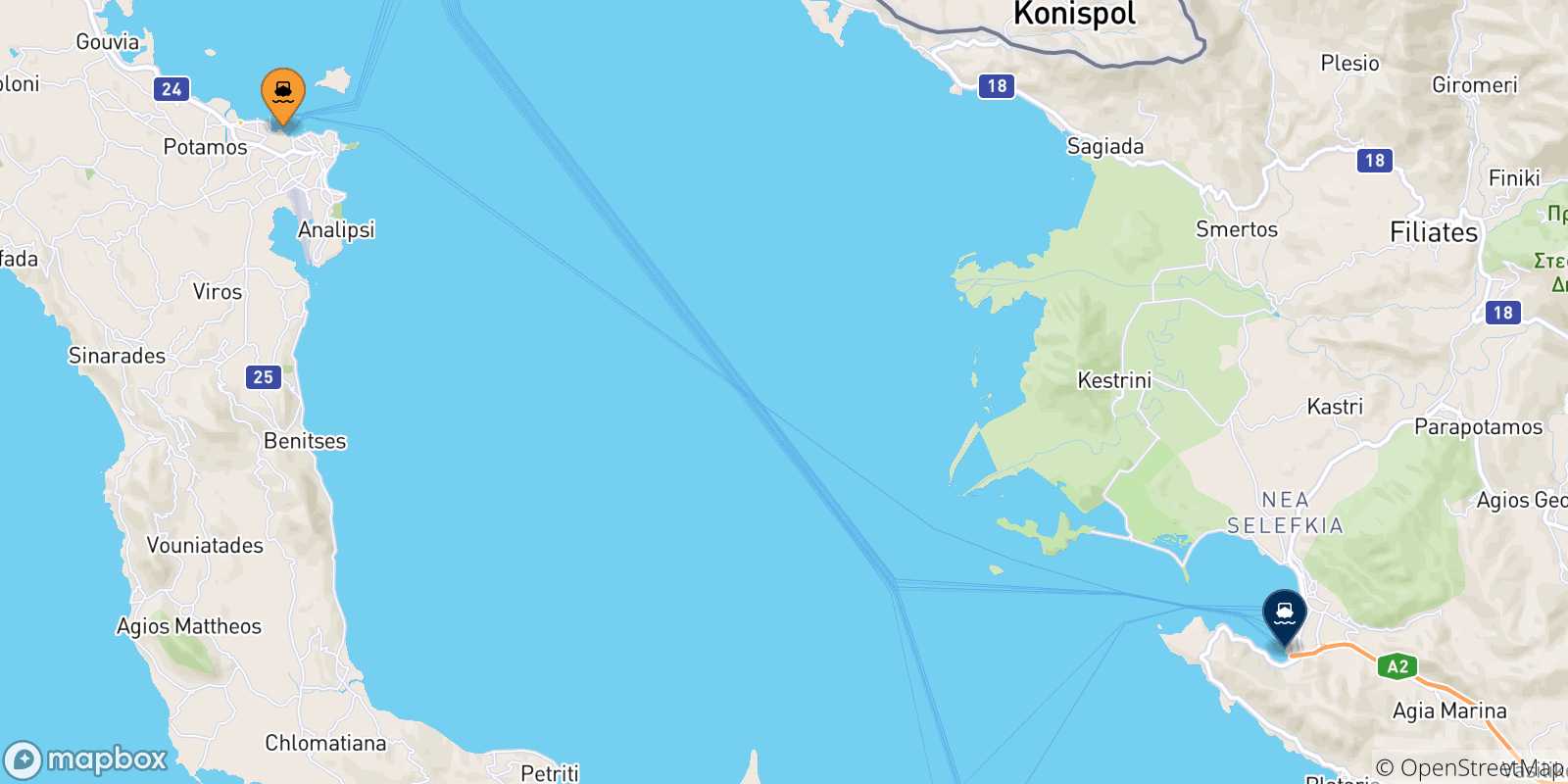 Mapa de las posibles rutas entre Islas Jonicas y  Igoumenitsa