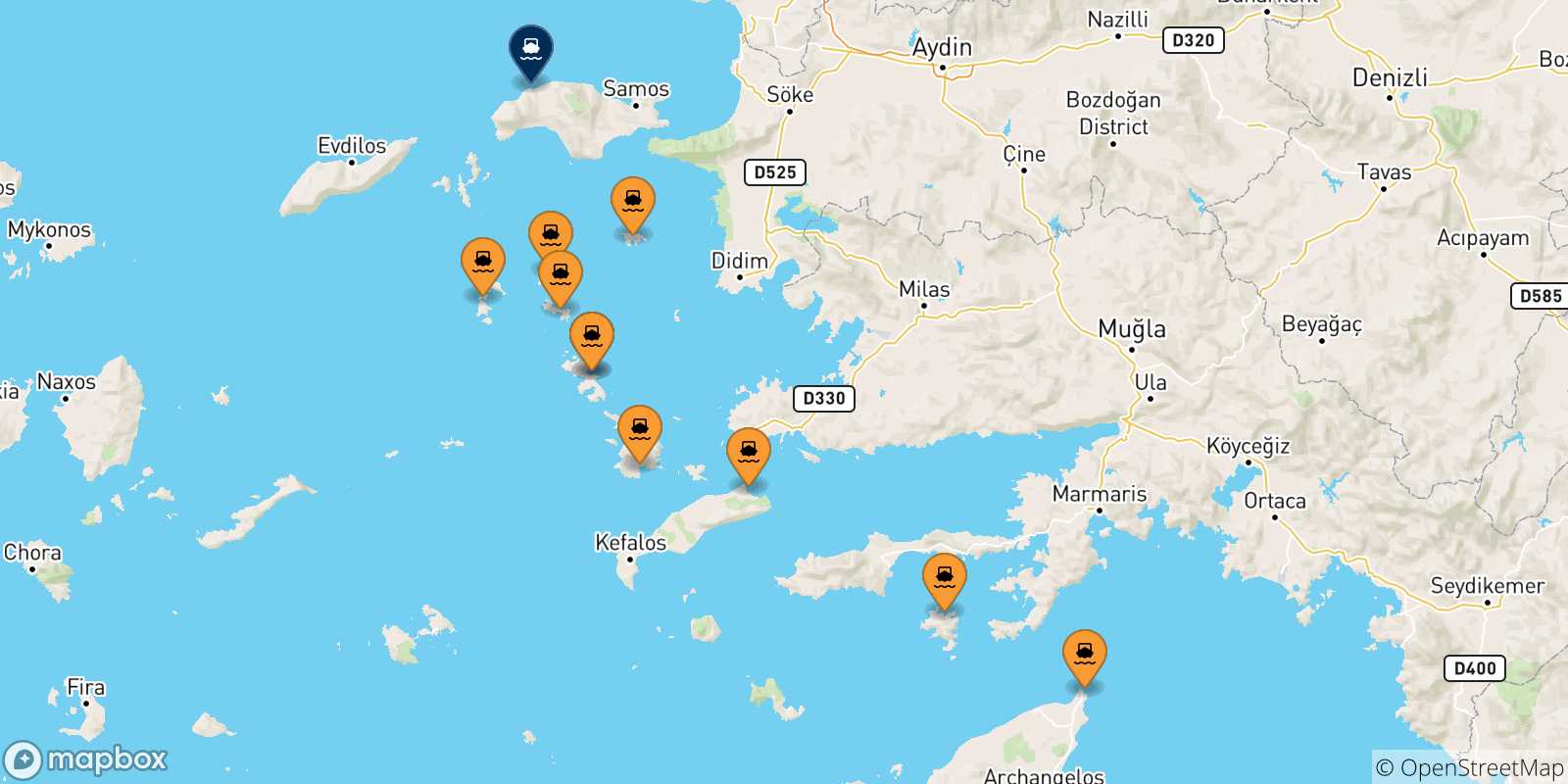 Mapa de las posibles rutas entre Dodecaneso y  Pythagorio (Samos)