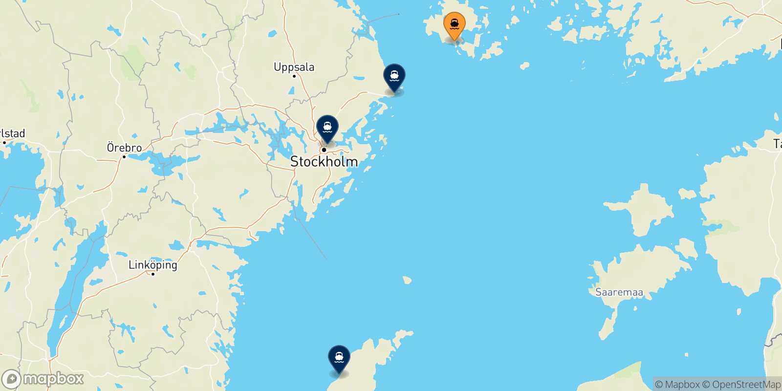 Mapa de los destinos alcanzables de Mariehamn