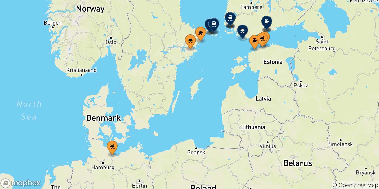 Mapa de los puertos conectados con  Finlandia