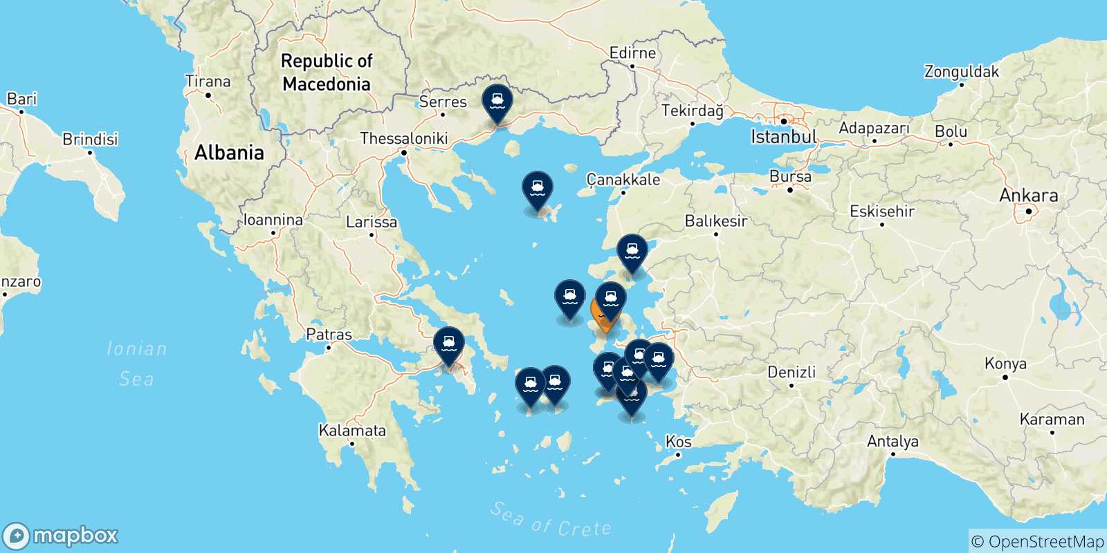 Mapa de las posibles rutas entre Quios y  Grecia