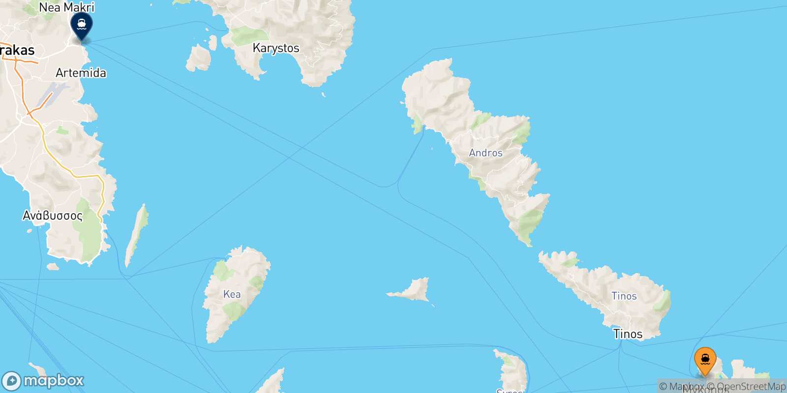 Mapa de la ruta Mykonos Rafina