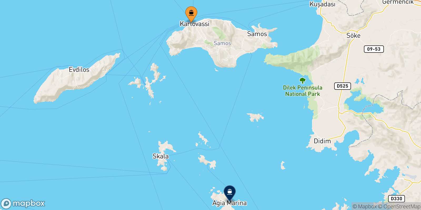 Mapa de la ruta Pythagorio (Samos) Agia Marina (Leros)