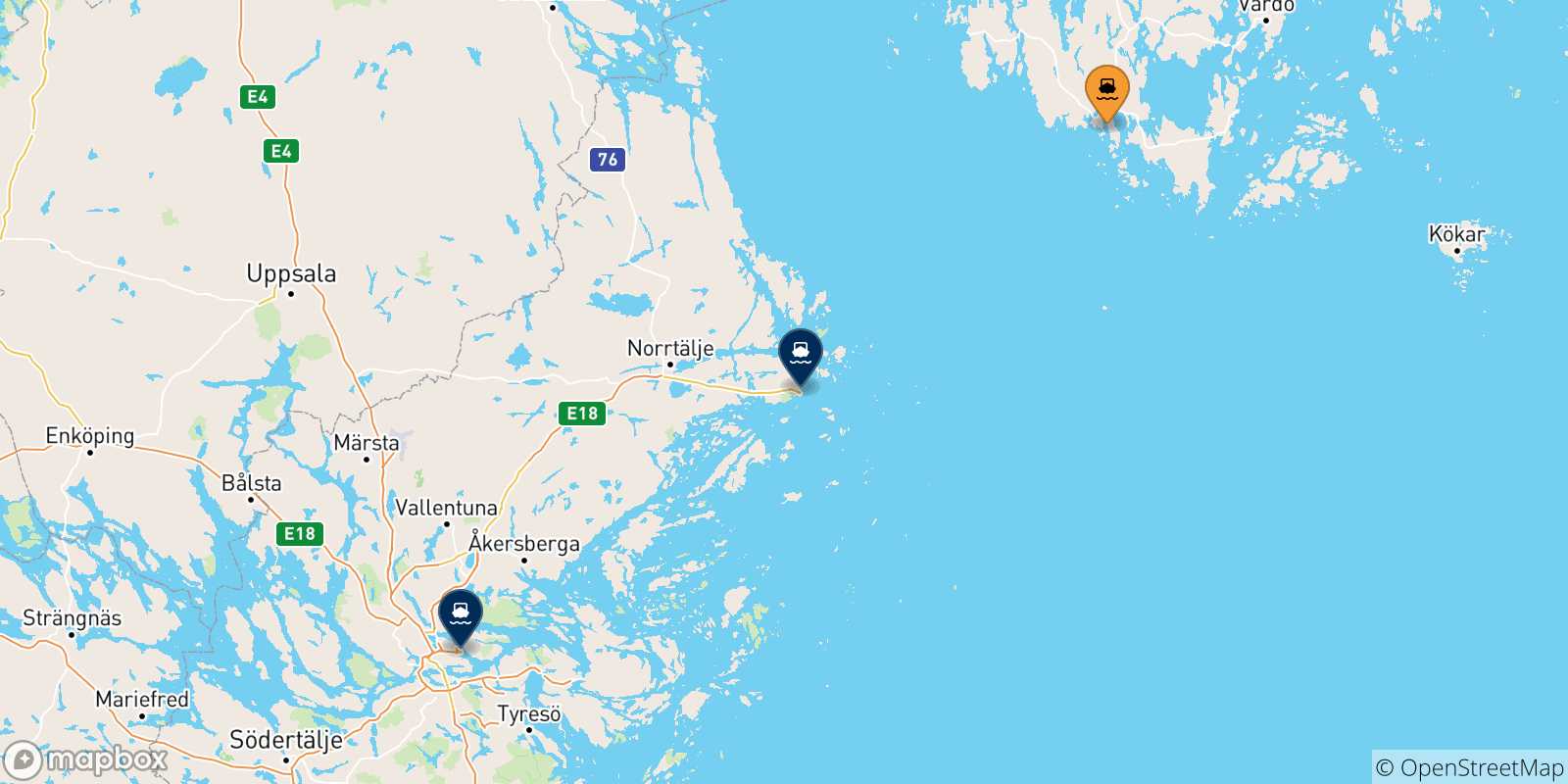 Mapa de las posibles rutas entre Mariehamn y  Suecia