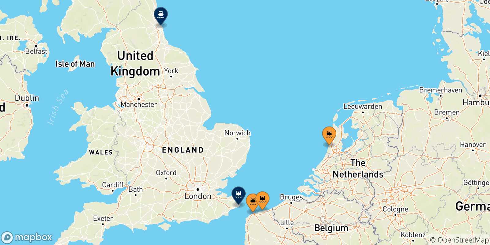 Mapa de los puertos conectados con  Inglaterra
