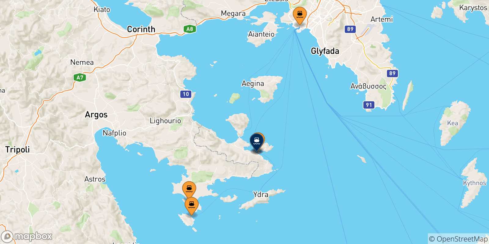 Mapa de las posibles rutas entre Grecia y  Hermioni