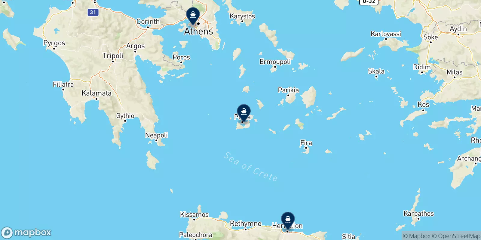 Mapa de los destinos Minoan Lines