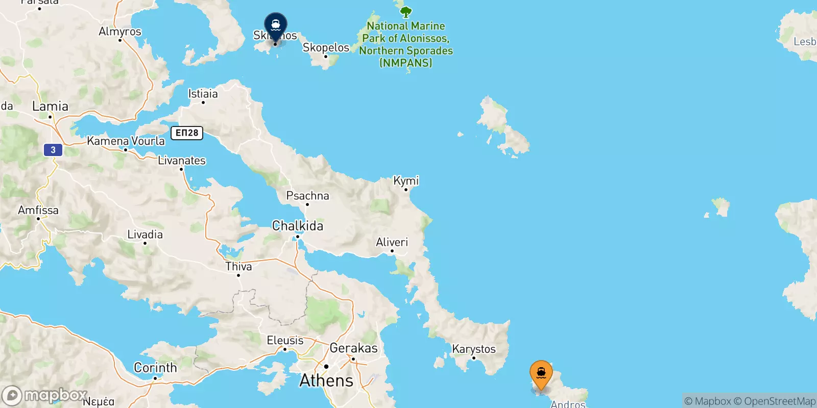 Ferries de Andros a Skiathos